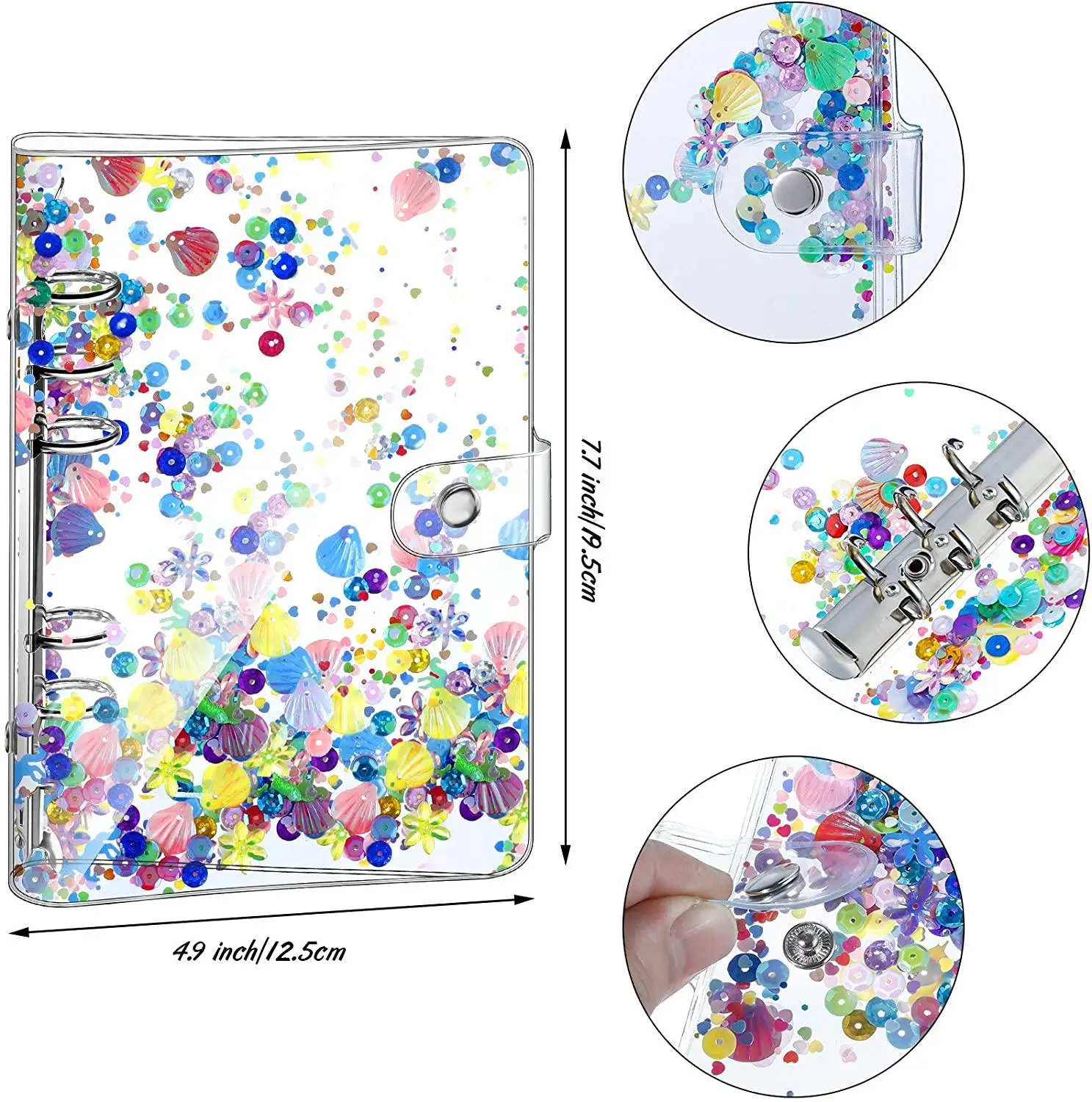 A6 PVC Glitter Binder Cover Clear Quicksand Decor Notebook Shell with Snap Button Closure 6 Ring Loose Leaf Binding