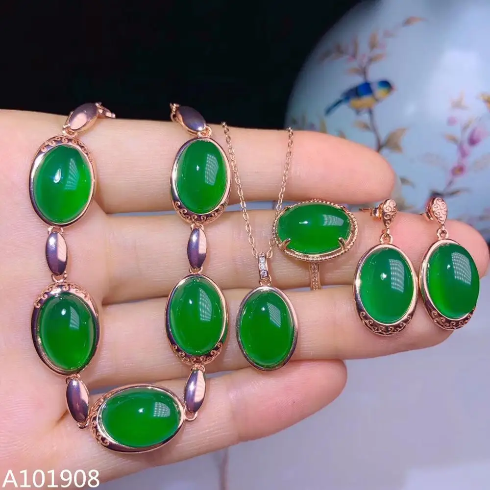 

KJJEAXCMY boutique jewelry 925 sterling silver inlaid Natural Green chalcedony Necklace Ring Earring Bracelet Set Support Test