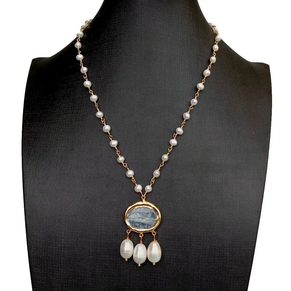 YYGEM Natural Cultured White freshwater Pearl Rosary Chain Necklace Blue Kyanite Rice Pearl Pendant 18\