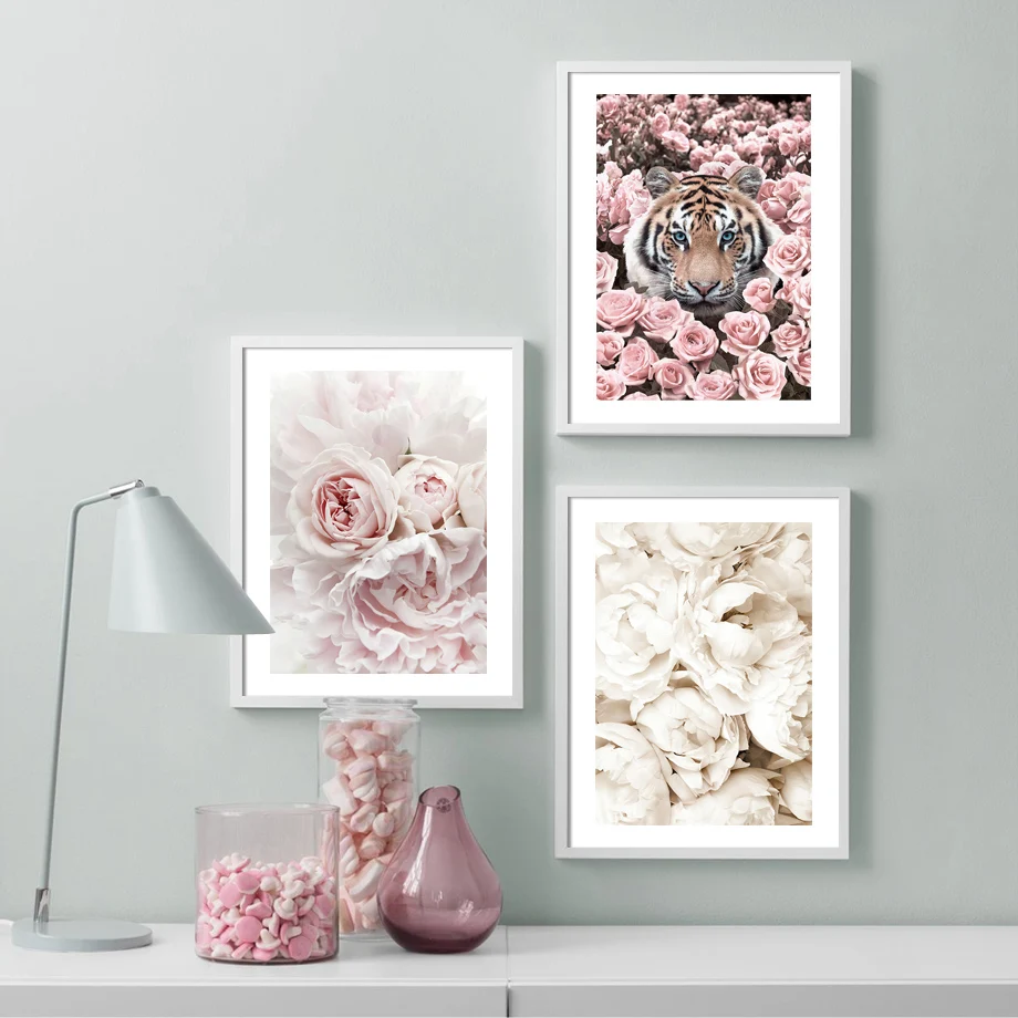 Blooming White Rose Leopard Pink Flower Tiger Wall Art Canvas Painting Nordic Poster And Print Pictures For Living Room Decor