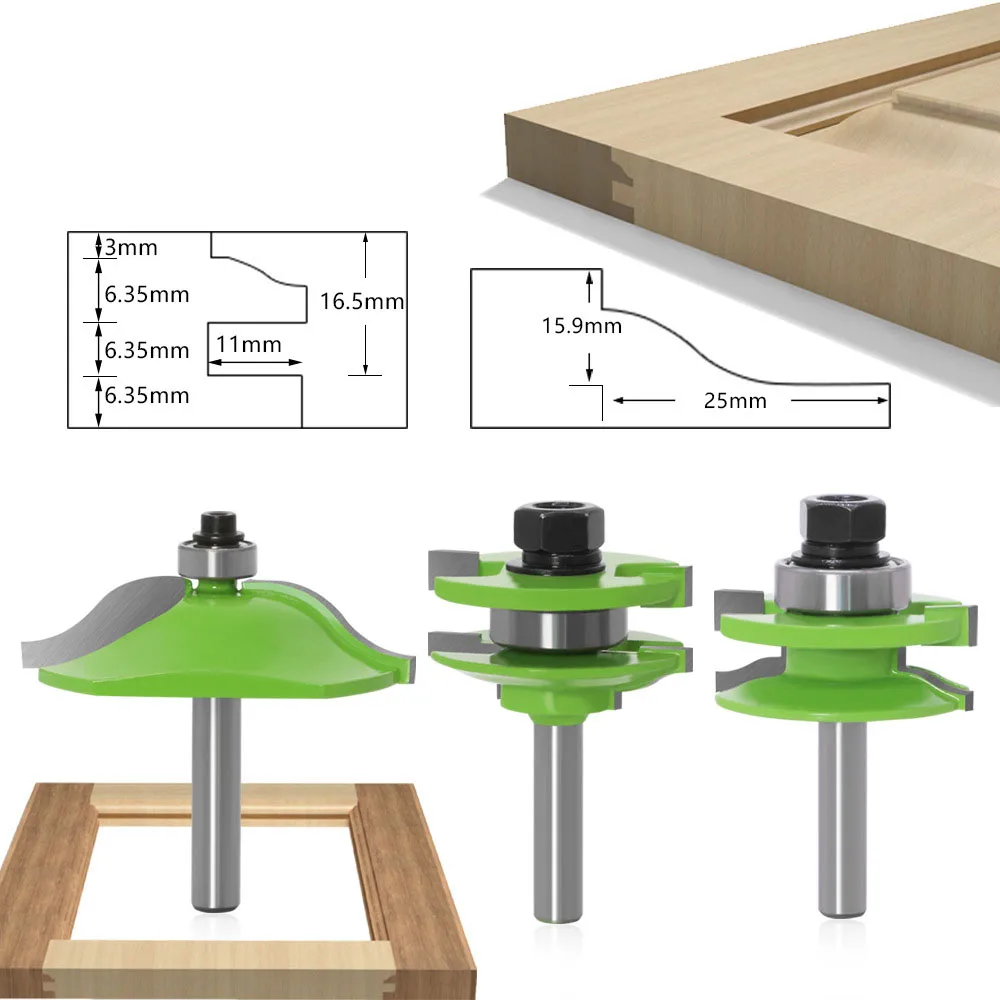 3PC/Set 8MM Shank Milling Cutter Wood Carving Raised Panel Cabinet Door Router Bit Set 3 Bit Ogee Woodworking Cutter Router Bits