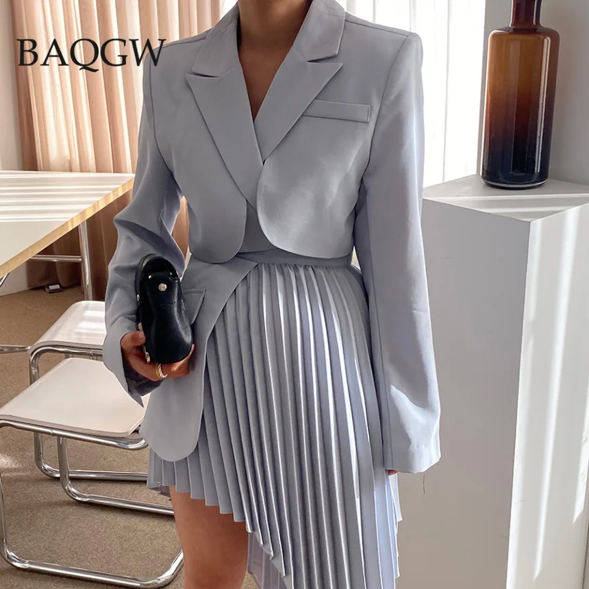 Office Lady Casual Solid Two Piece Set for Women Notched Long Sleeve Blazer High Waist Irregular Skirt Female Party Korean Sets