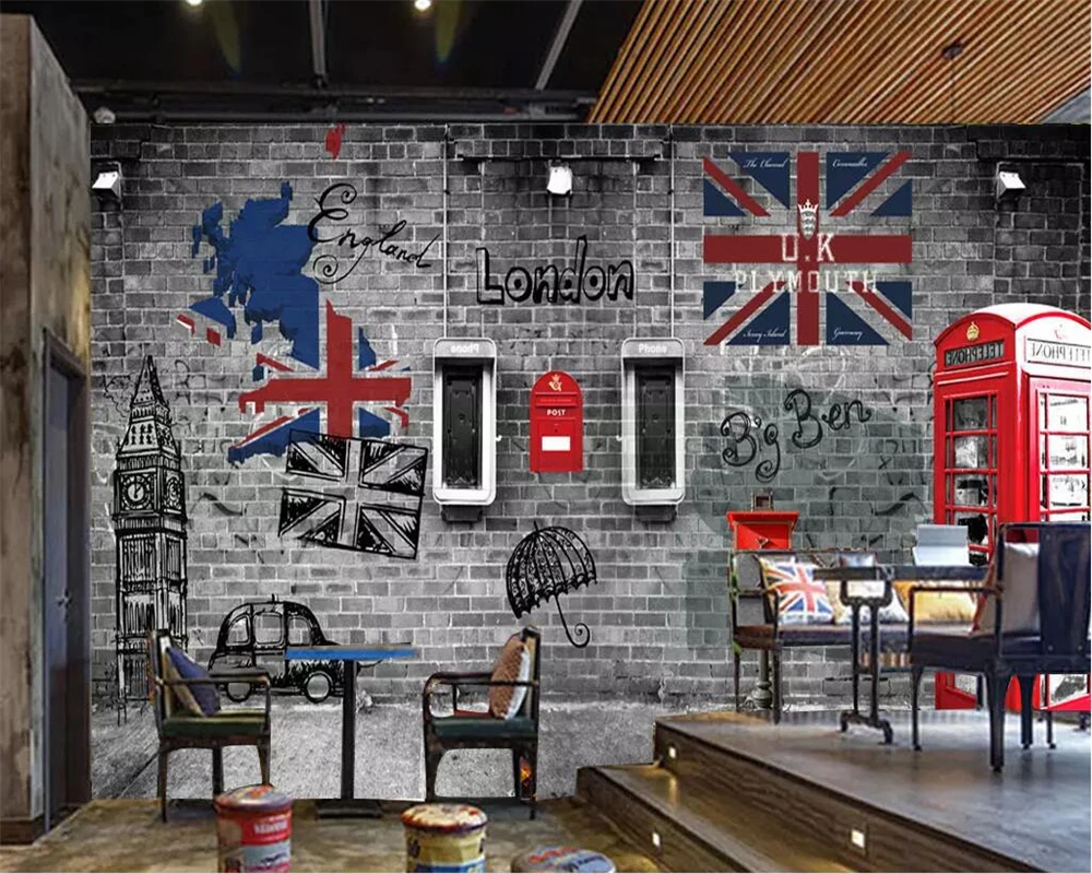 3DBEIBEHANG Custom wallpaper 3D murals Europe and America retro nostalgic London phone booth cafe restaurant background wall