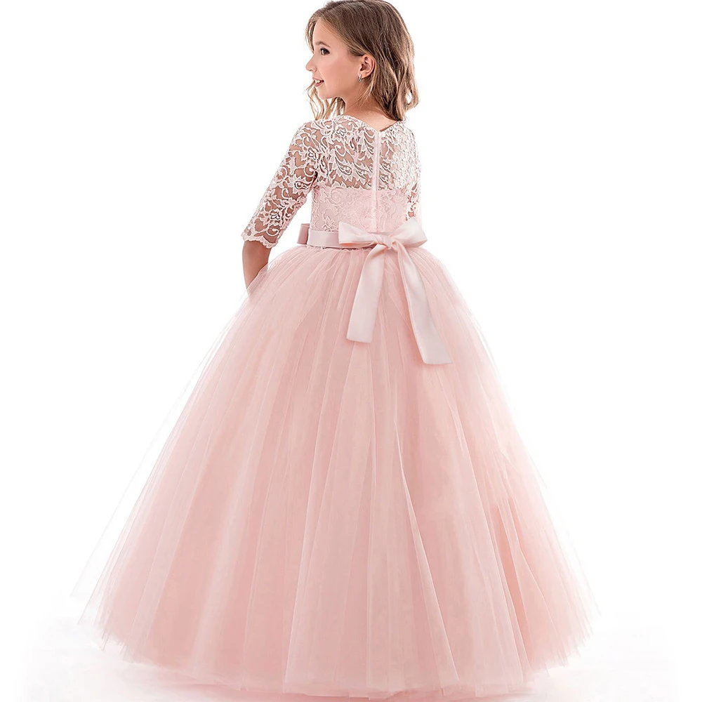 Lace Half Sleeve Dress Girls First Communion Princess Dress Tulle Bow Kids Dresses For Girls Long Dress Junior Girl Dress