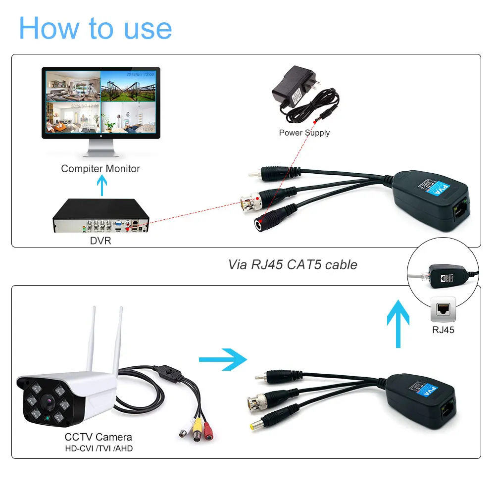 8mp Bnc Naar Rj45 Video Balun Hd Power Video Audio 3 In 1 Cctv Twisted Pair Voor 4K Ahd Cvi Tvi Camera