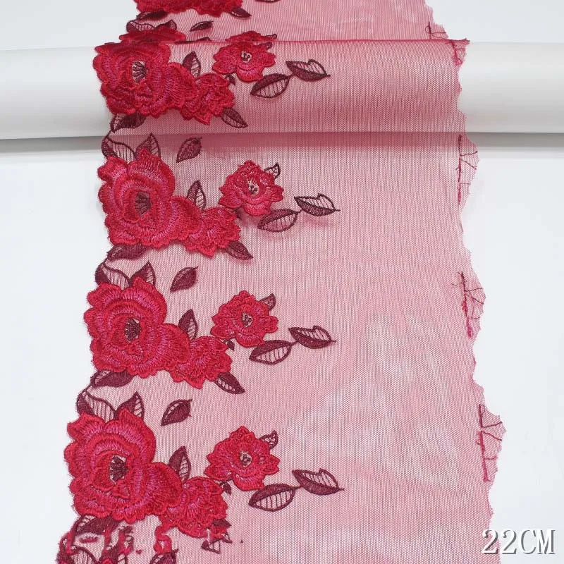 40Yds Embroidered Mesh Tulle Fabric Embroidery High Quality Dark Red Rose Flower Lace Trim For Garments Doll Wedding Decoration