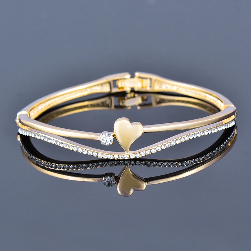 SINLEERY Romantic Rhinestone Heart Bangle For Women Rose Gold Silver Color Wedding Bracelets Fashion Jewelry