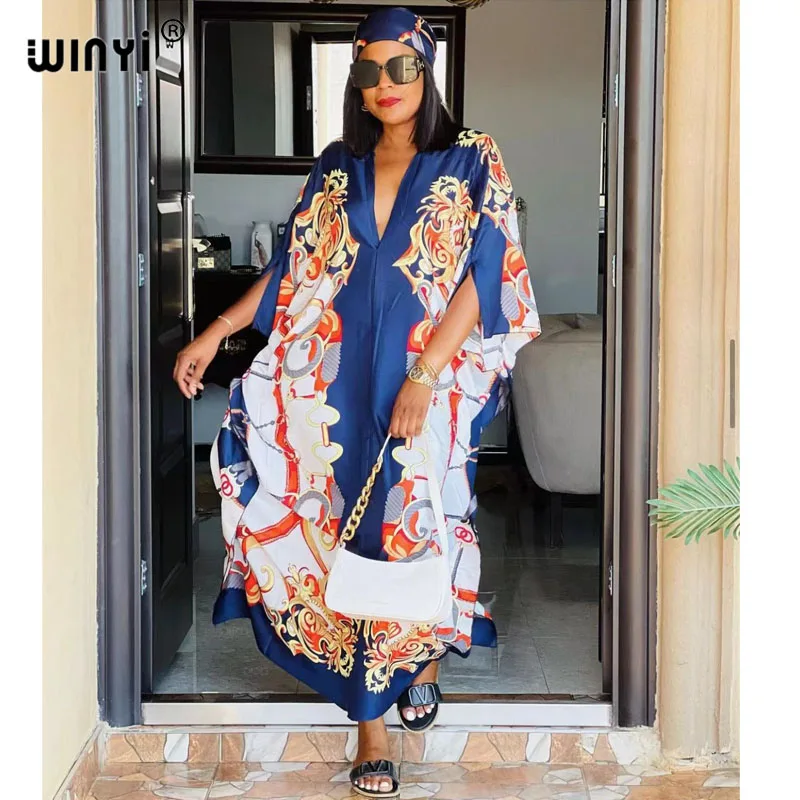 2021 Europe Women Letter Print Sexy V-Neck Thigh African Maxi Dress Long Sleeve Elegant Boho Beach Dress Casual Long Dresses