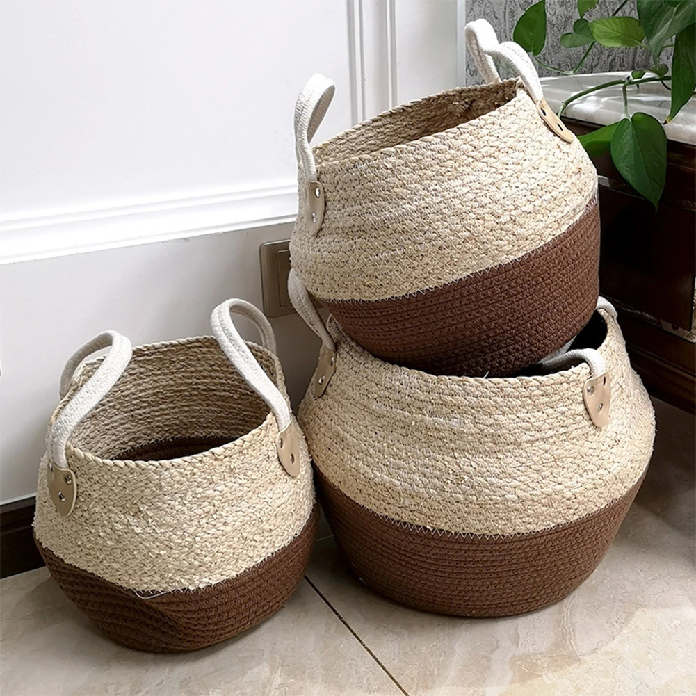 Durable Woven Storage Basket Desktop Storage Box Snack Toy Straw Storage Box with handle cesta mimbre decoracion #CW