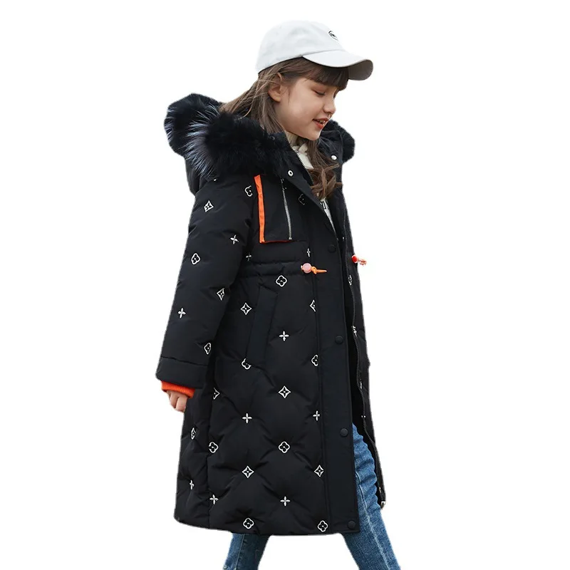 

Girl children down jacket coat long over-the-knee 2021 new boy girl winter thickening brim cuhk children's clothes