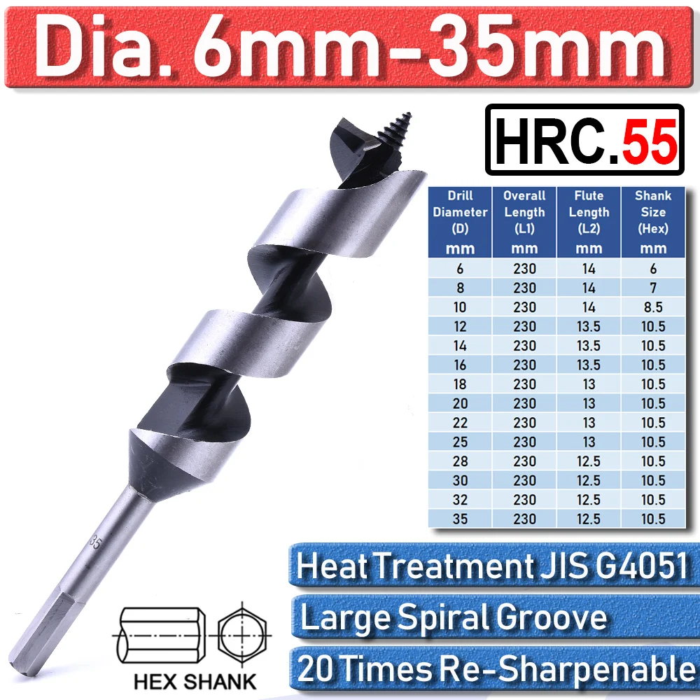 

230mm Long Auger Drill Bits Joiner Carpenter Fast Cut Auger Wood Drill Bit 6-35mm Hex Shank Softwood Hardwood Self-Feeding Bit