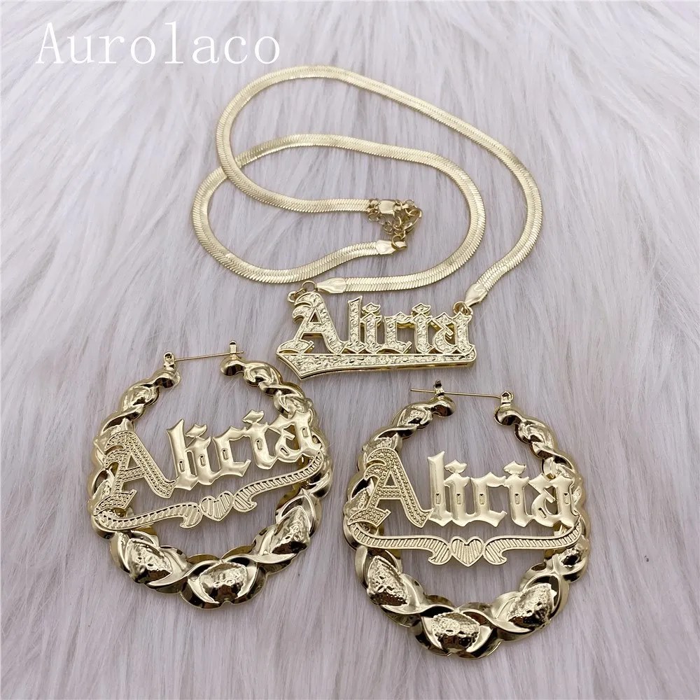 AurolaCo Snake Chain Custom Name Jewelry Set  Ladies XOXO Hoop Earrings Custom Name Earrings Gold Heart Earrings Holiday Gifts