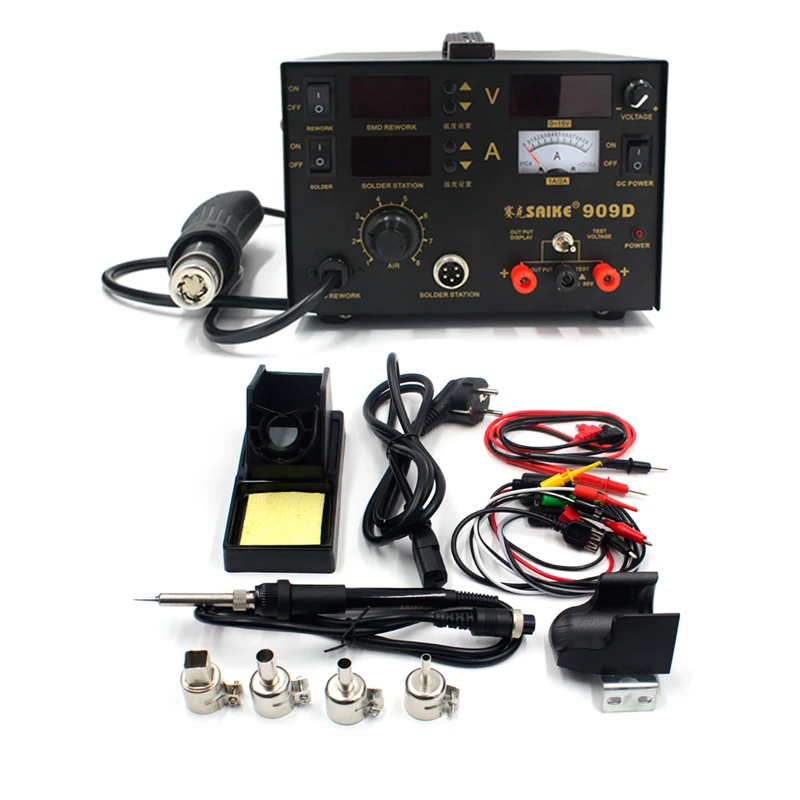 Saike 909D Soldering Iron  220V 110V Hot Air Gun Station+Soldering iron+DC Power supply 3in1 electric rework station Adjustable