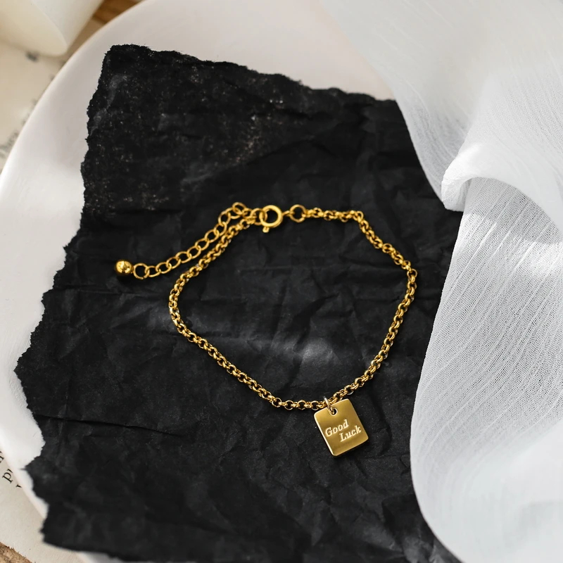 YUN RUO Yellow Gold Color Good Luck Square Bracelet Snake Chain Woman Birthday Gift 316L Titanium Steel Jewelry Not Change Color