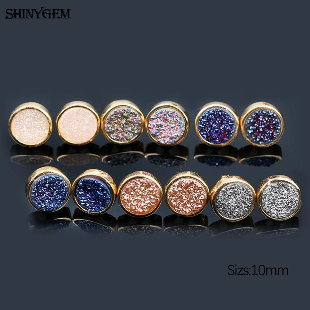 2024 Trendy Women 10mm Round Natural Crystals Druzy Stone Studs Fashion Rainbow Geode Gold Plating Earrings Girl Jewelry