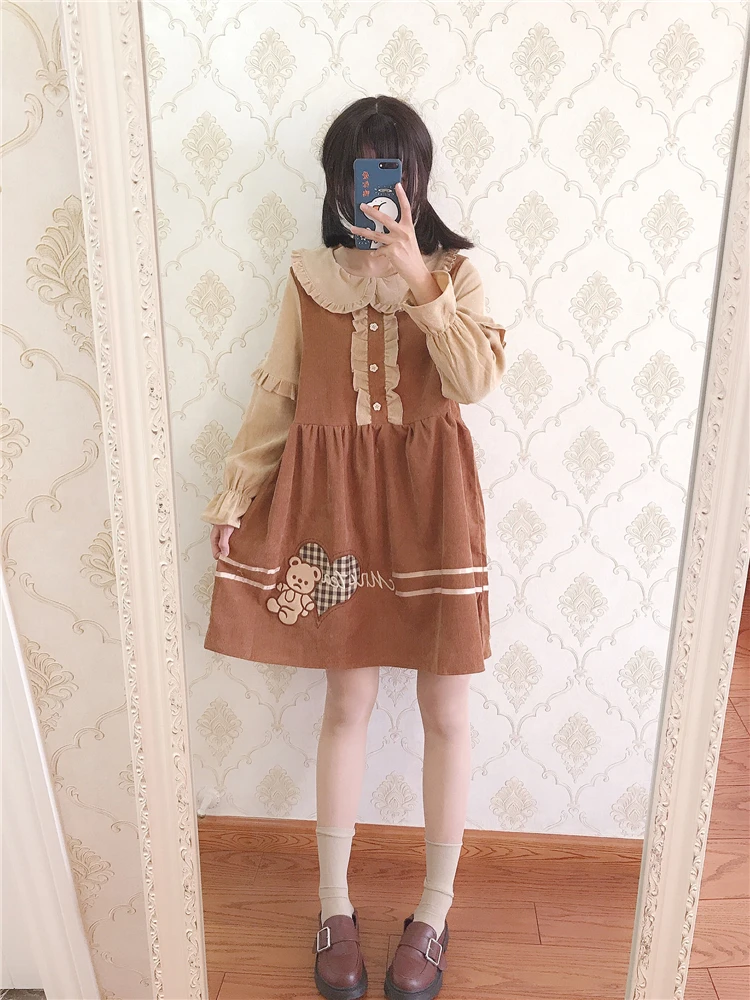 Lolita – robe japonaise douce pour filles sœurs, rétro ours brodé, mignon, col de poupée, manches longues, taille haute, style victorien, kawaii