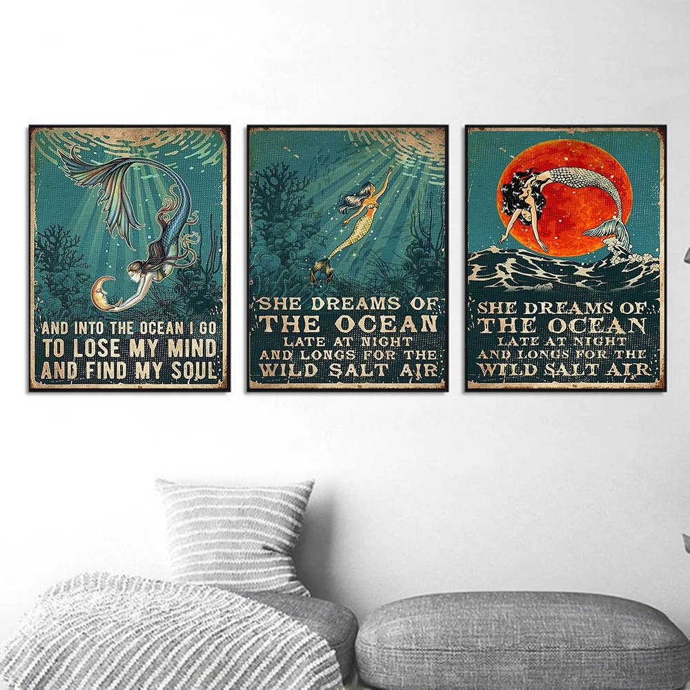 She Dreams of The Ocean Mermaid In The Middle of The Night Canvas Art Retro Poster Print Mural Living Room Home Decor Frameless