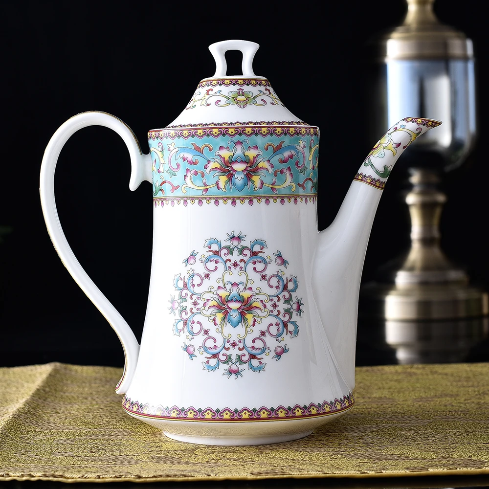 Chinese Retro Style Ceramic Kettle Relief Overglazed Color Figure Decal Tea Pot Bone China Tableware