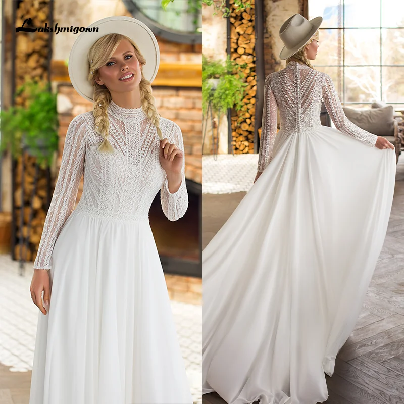 Lakshmigown Boho Lace Wedding Dress with Long Sleeves High Neck Chiffon Beach Wedding Gown Simple Bridal Dresses robe de mariee