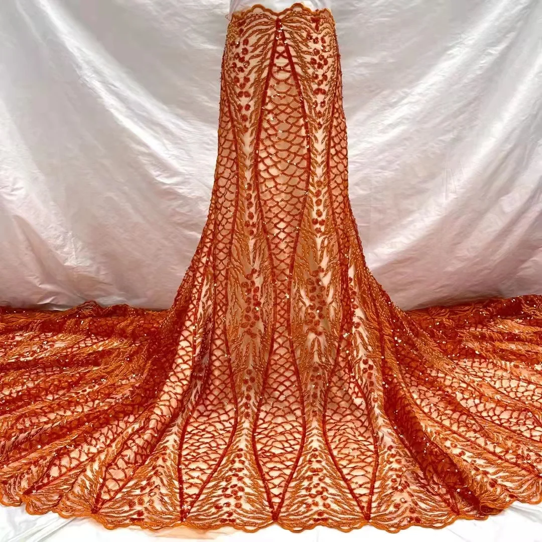 Africano lantejoulas tecido de malha, lantejoulas Net, laranja brilhante, festa de casamento, moda, 5 jardas, Jx1601