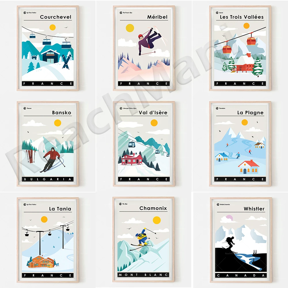 

French ski poster, Val d'Isere, Les Arcs, Meribel, Alps, Chamonix, ski prints decorated in Bohemian style, mountain wall art