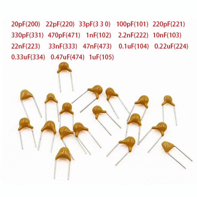 18values*10pcs =180pcs Monolithic Ceramic Capacitor 20pF~1uF, (105) 50V Multilayer Ceramic Capacitor Assorted Kit 22PF 30PF 100P