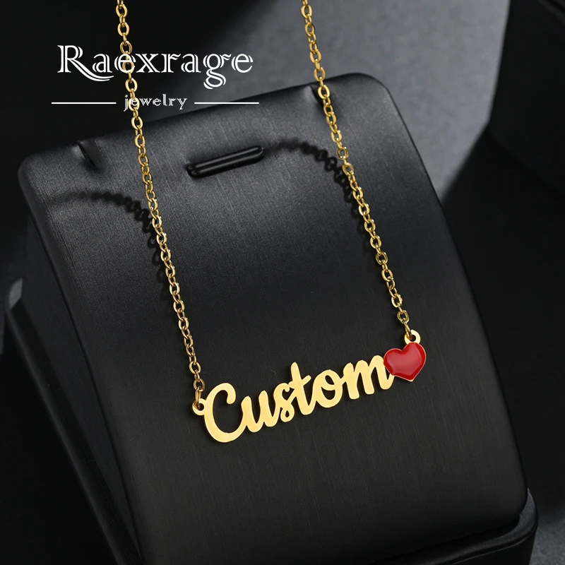 Raexrage Custom Red Heart Name Necklaces for Women Stainless Steel Love Nameplate Necklace Personalized Statement Jewelry