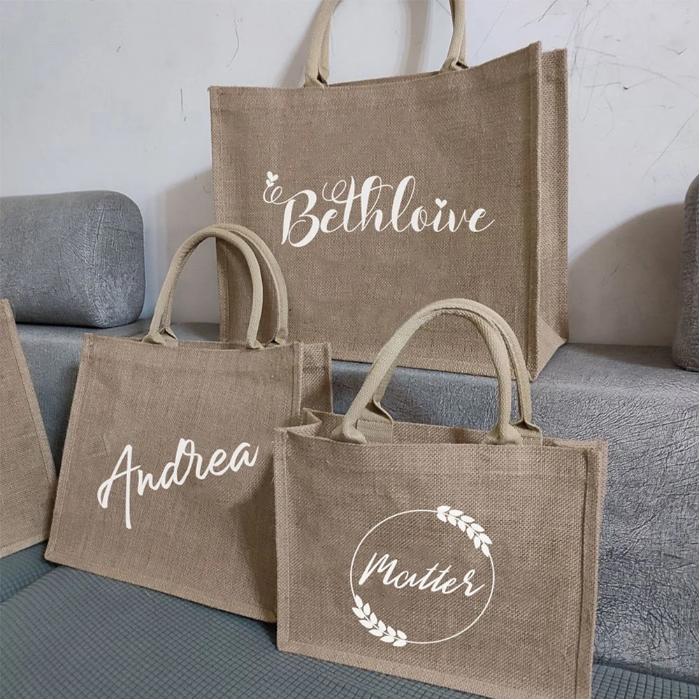 Bolso de mano de arpillera personalizado para mujer, bolsa de yute multifunción, almacenamiento de frutas y verduras, portátil, para compras