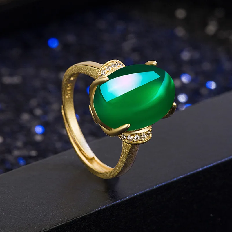 Real Gold 18k Yellow Gold Open Resizable Rings Fine Natural Emerald Stone for Wedding Engagement Party for Girlfriend&Wife Gifts