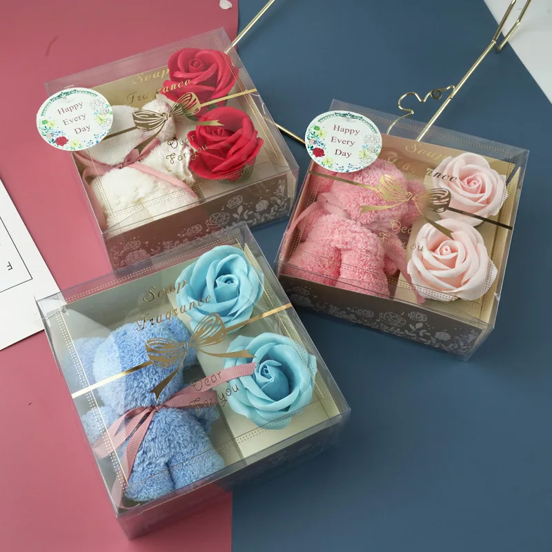 Coral Fleece Bear Towel Set with Transparent Gift Box, Bathroom Towels, Soap Flower, Business Holiday, Christmas, Wedding Gifts