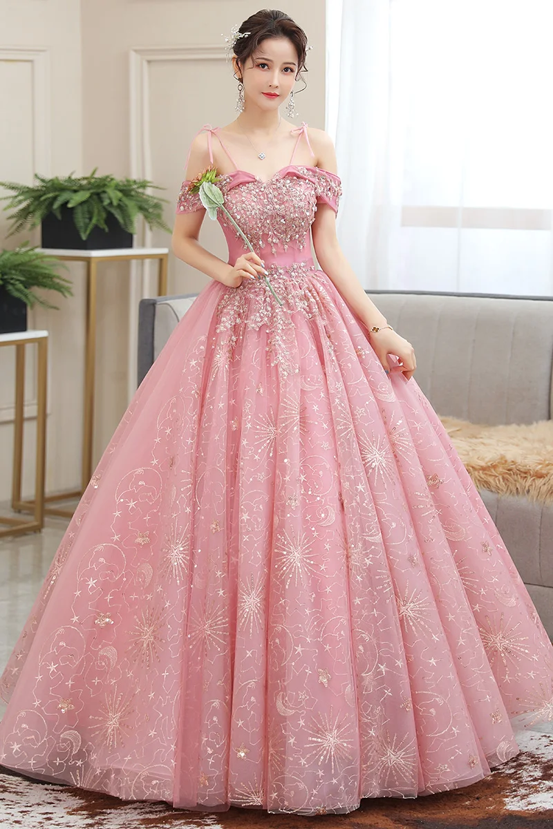 2024 Schulterfreie Quinceanera-Kleider, glänzendes, mit Perlen verziertes Ballkleid-Abschlussballkleid, rosafarbene Quinceanera-Kleider in Übergröße, individuell gestaltet