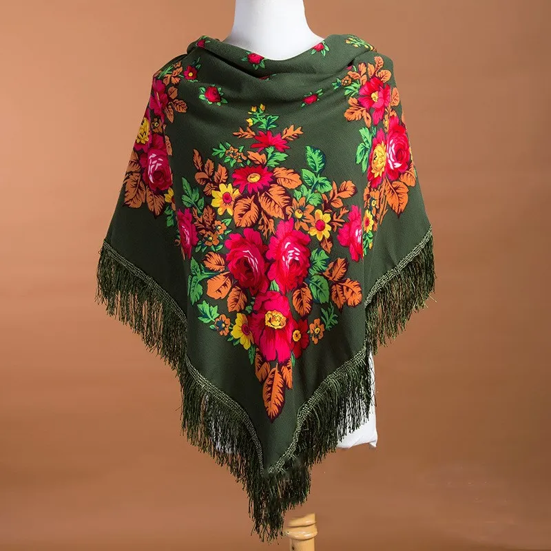 Bufanda cuadrada nacional rusa para mujer, chal de algodón con estampado de flores de gran tamaño, Fular Retro con flecos para invierno