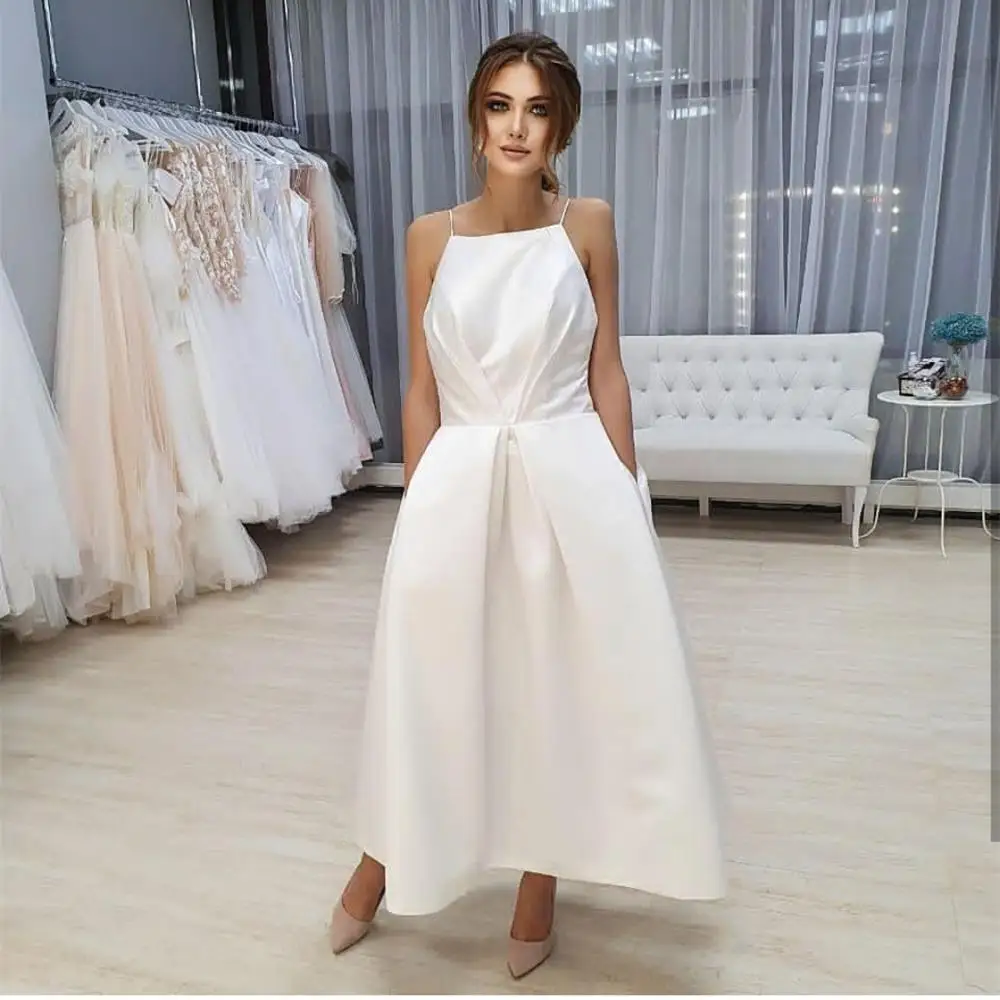 Einfache Satin Brautkleid rücken freie ärmellose Brautkleider mit Tasche Strand knöchel lange Robe de Mariee nach Maß