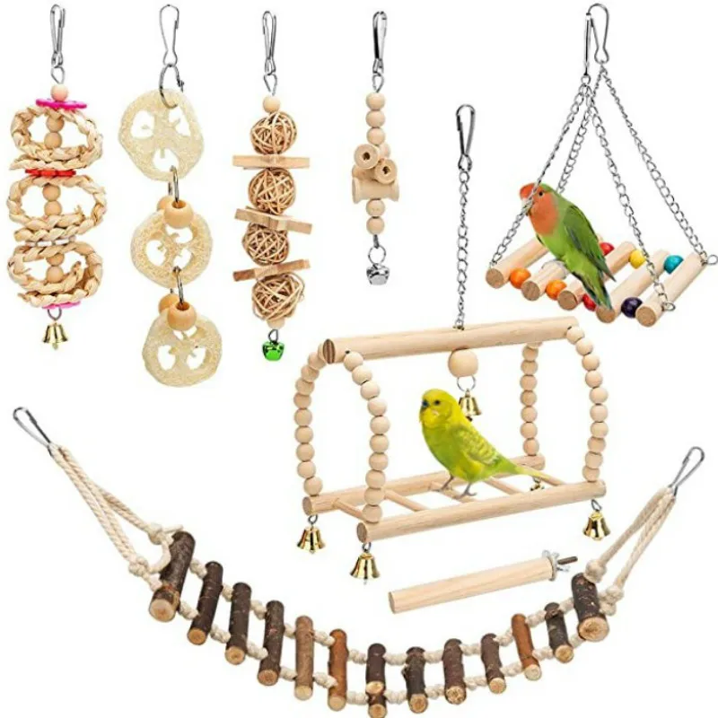 Small Pet Bird Toy Set Parrot Toy Log Color 8-Piece Set Combination to Enhance Feelings Relieve Biting Hair