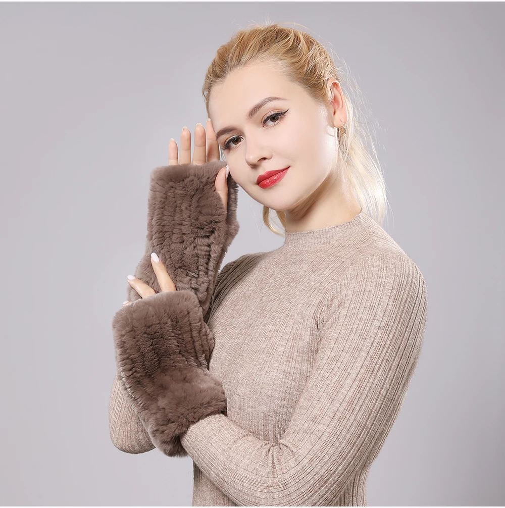 New Women 100% Real Genuine Knitted Rex Rabbit Fur Mittens Winter Warm Lady Real Fur Fingerless Gloves Handmade Knit Fur Mitten