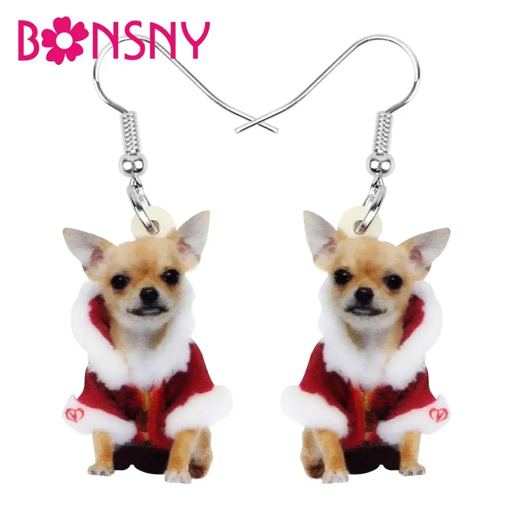 Bonsny Acrylic Christmas Sweet Chihuahua Dog Earrings Drop Dangle Animal Pets Jewelry For Women Girls Teens Party Gift Accessory