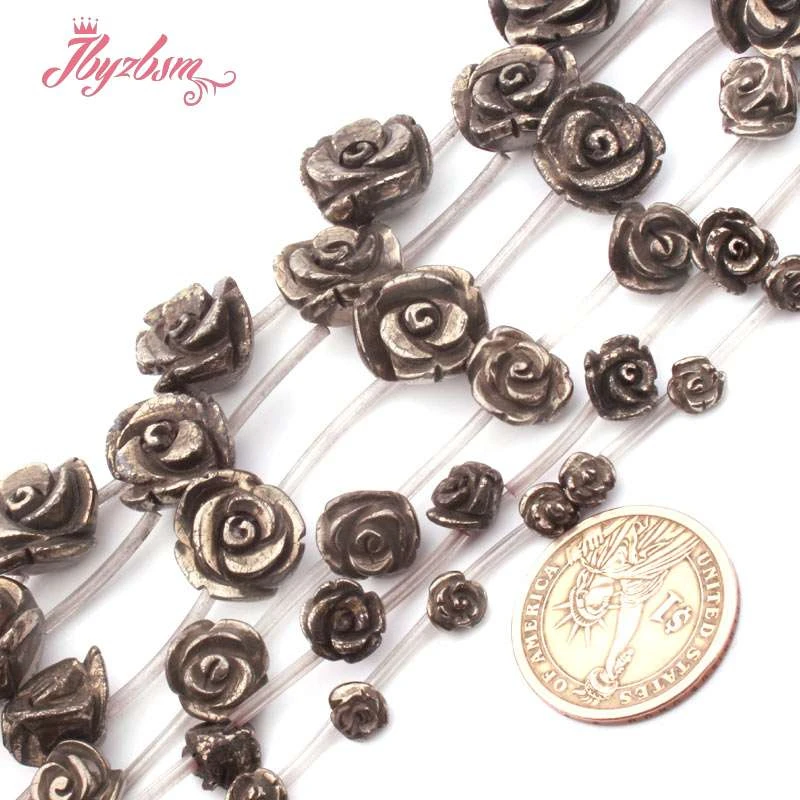 Carved Rose Flower Pyrite Natural Stone Beads for DIY Accessories Charms Pendant Necklace Bracelet Rings Jewelry Making 15