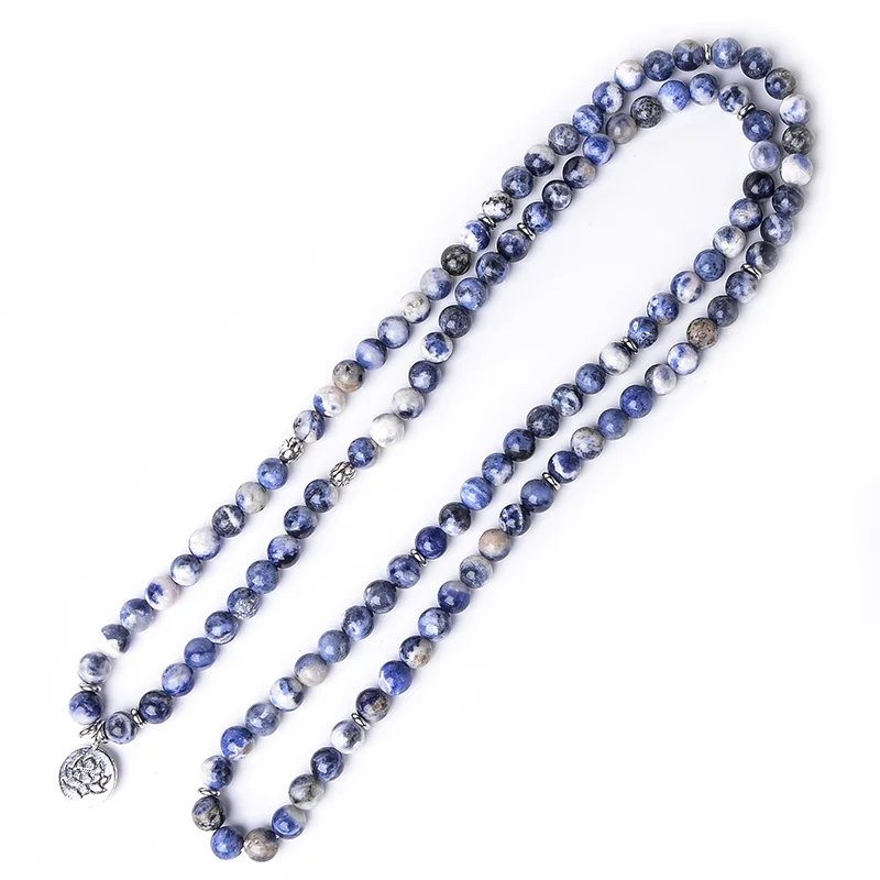 8mm Natural Blue Sodalite Beaded 108 Mala Bracelet Meditation Yoga Healing Jewelry with Lotus Charm Men's and Women's Bangle