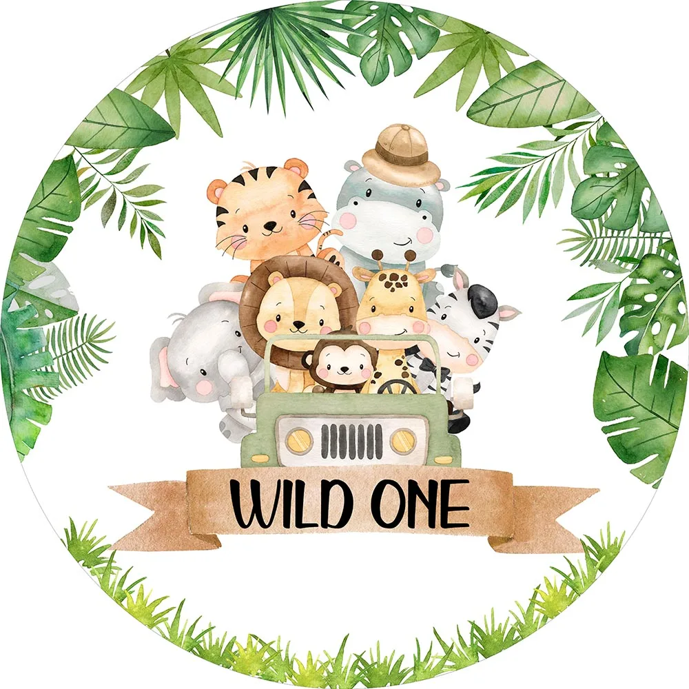 Wild One Backdrop Safari Jungle Round Background for Birthday Party Decoration Green Leaves Animals First Birthday Background