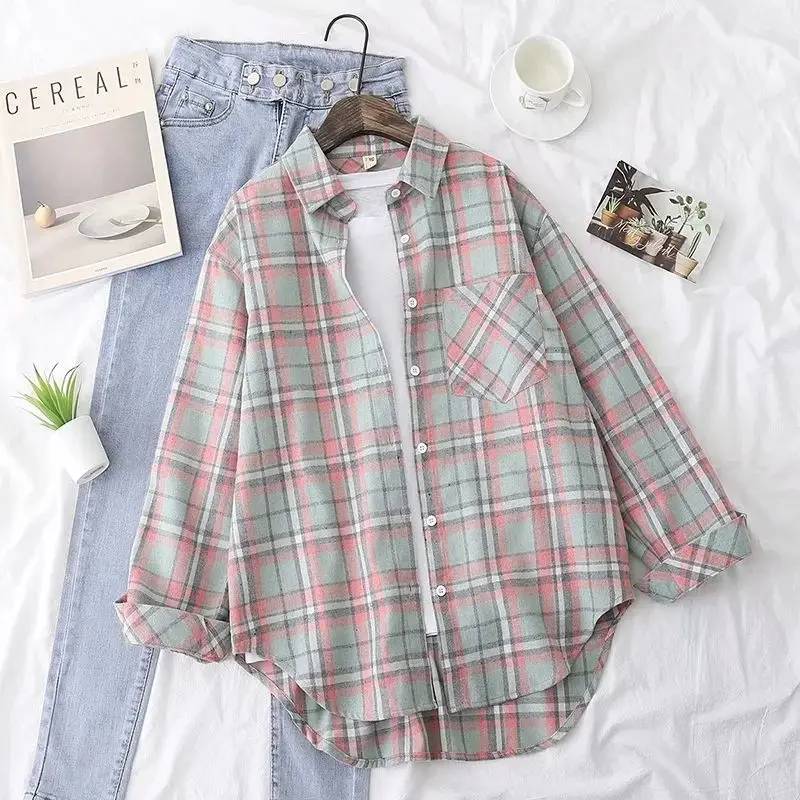 Shirts Women Sweet All-match Casual Plaid Shirt Elegant Classic Long Sleeve Blouses Hong Kong Style Loose Outwear Mujer Ulzzang