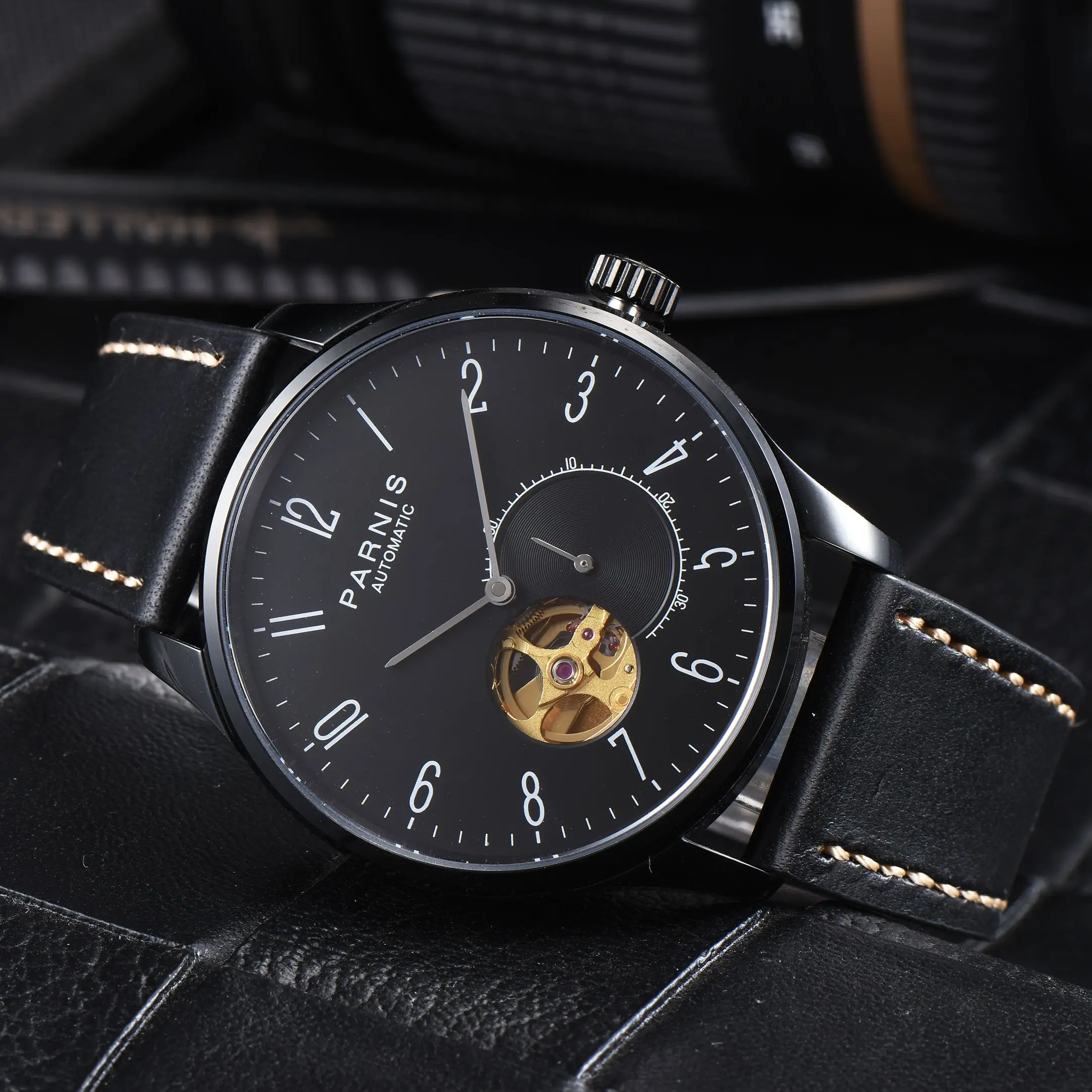 

Новая мода Parnis 41,5 мм черный циферблат механические автоматические мужские часы кожаный ремешок водостойкие роскошные мужские часы reloj hombre