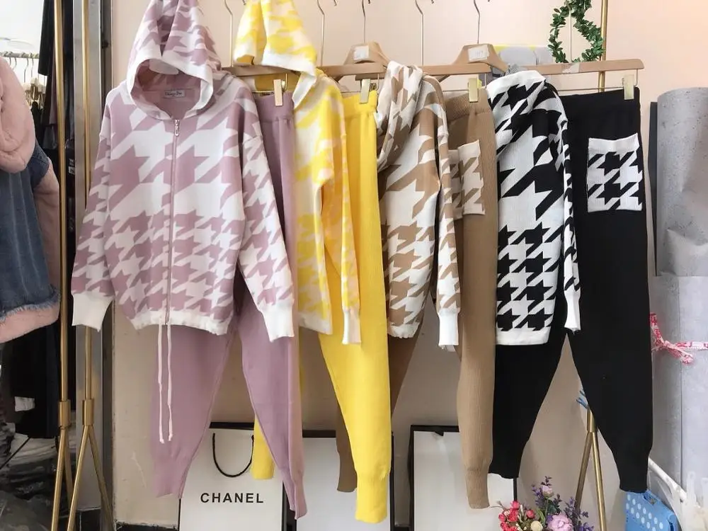 ALPHALMODA Nieuwe Stijl Plaids Capuchon Trui Jas + Broek Vrouwen Winter 2 stks Trendy Pak Rits Jumper Losse Top + broek Pak