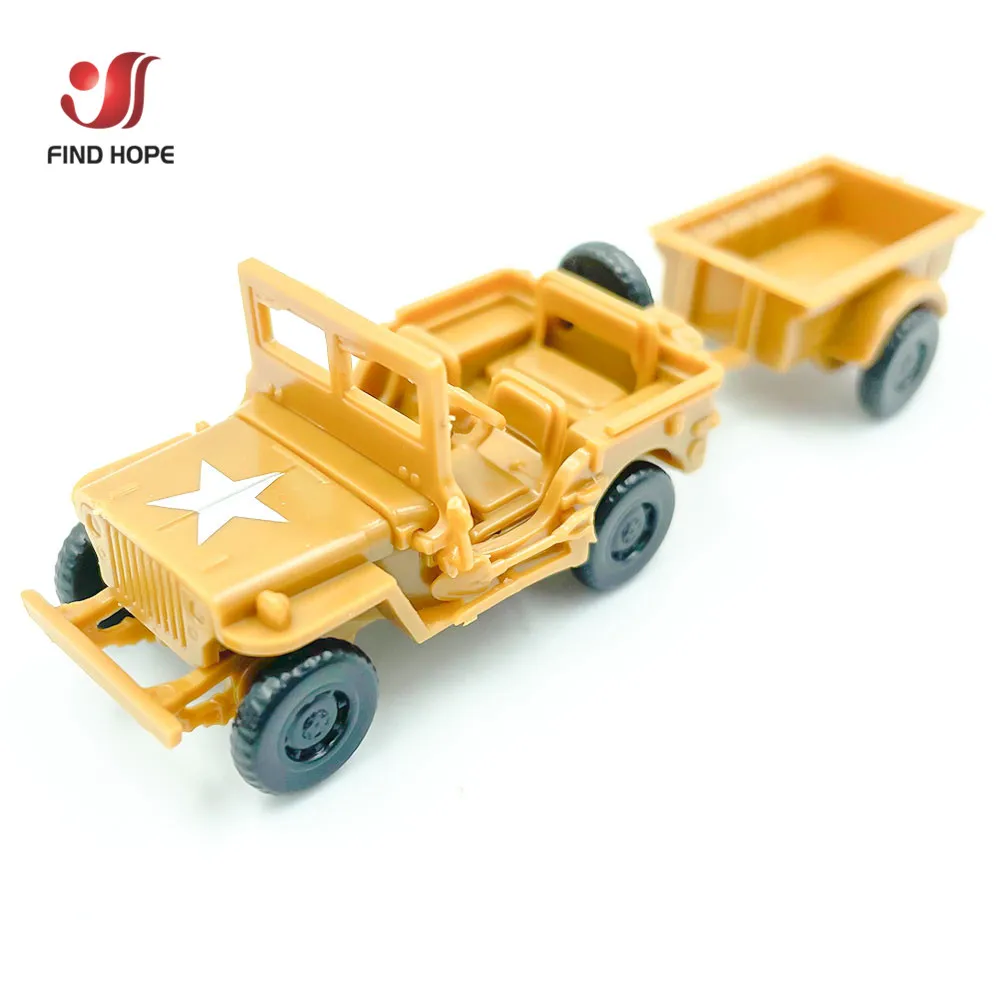 1/72 US Willys Jeep Assemble WW2 GP Military Vehicle Puzzle Block Car Collections Decor Scene Sandpan Game Model Toy W/Trailer