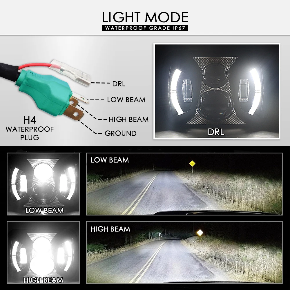 5x7 Waterproof LED Headlight Sealed Beam Turn Singal 7x6 inch Headlamps For Cherokee XJ YJ Truck