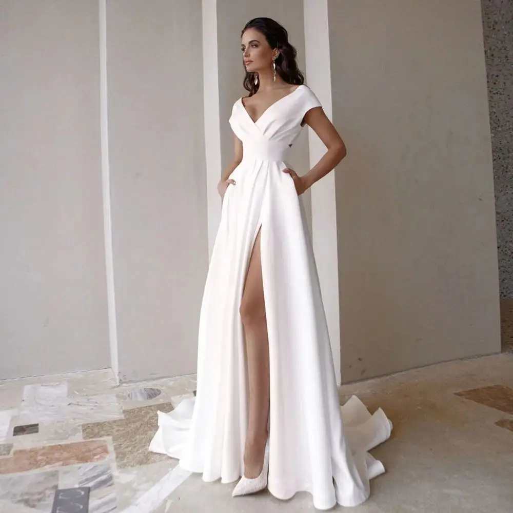 Vestido de novia barato con cuello en V para vestidos elegantes para mujer, vestido de novia de manga corta con abertura lateral y bolsillos, hecho a medida