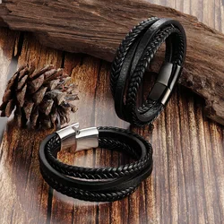 Fashion Simple Design Multilayer Leather Rope Hand Woven 316L Stainless Steel Magnet Bracelet Men's Jewelry