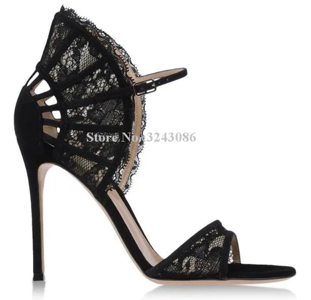 Sexy Black Lace Stiletto Heels Lady Sandals Fashion Circular Sector Ankle Buckle High Heel Sandals Elegant Female Banquet Shoes