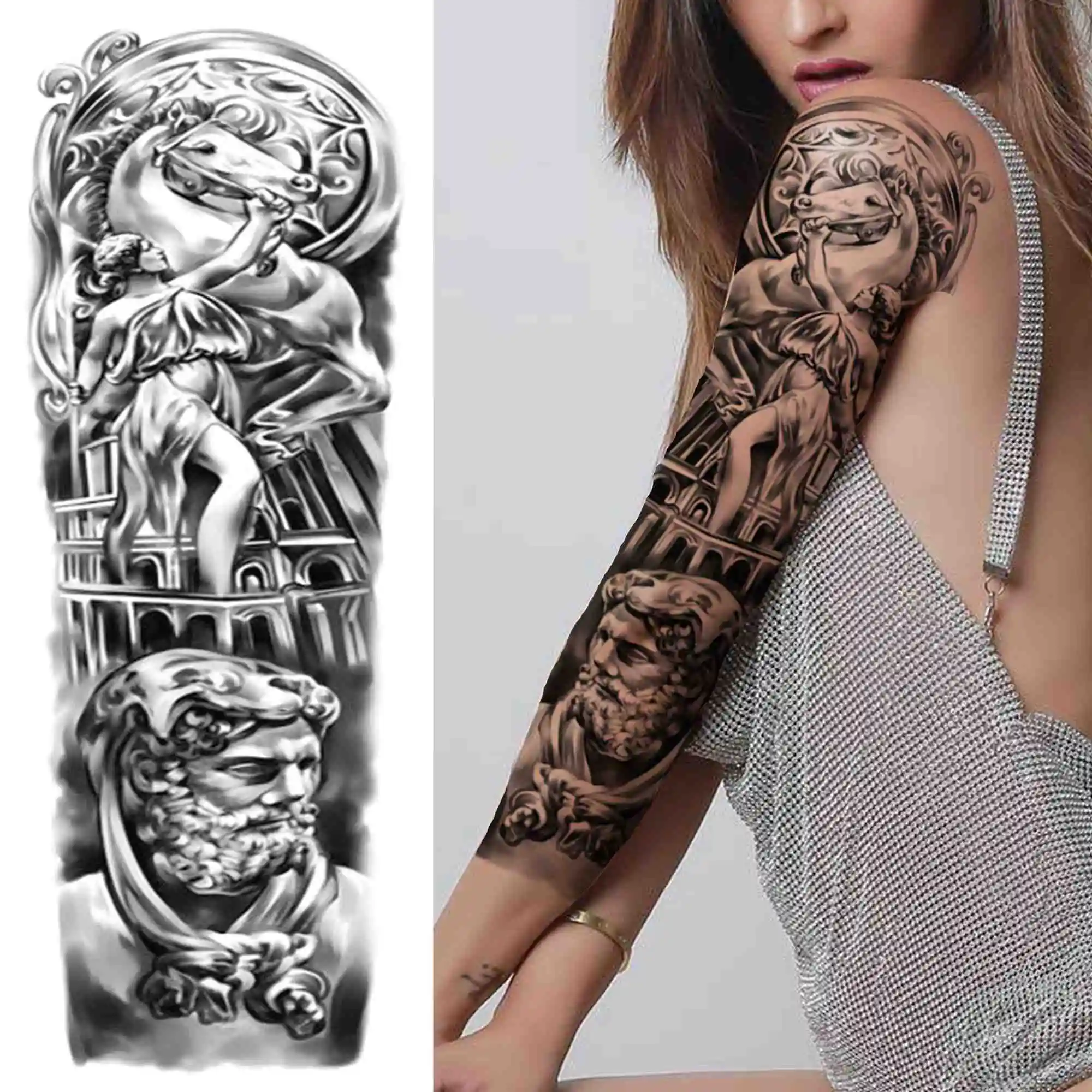 Extar Large Black Temporary Tattoo Sleeve For Women Men Adult Fake Warrior Flower Tattoos Sticker God Clock Tatoos Transferable