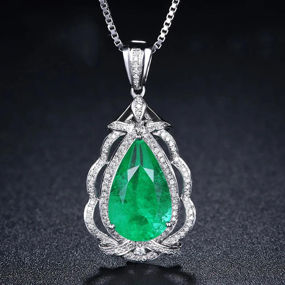 

9 carats classical water drop emerald gemstones diamonds pendant necklaces for women 18k white gold silver color jewelry bijoux