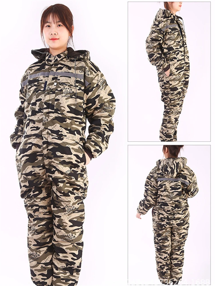 Women Winter Insulated Coveralls Warm Cotton Padded Hooded Work Overalls Thicken Cold Storage Jumpsuit Coats Long Sleeve